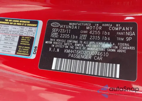 2012 Hyundai Genesis 2.0T from USA, damaged, VIN KMHHT6KD2CU074610